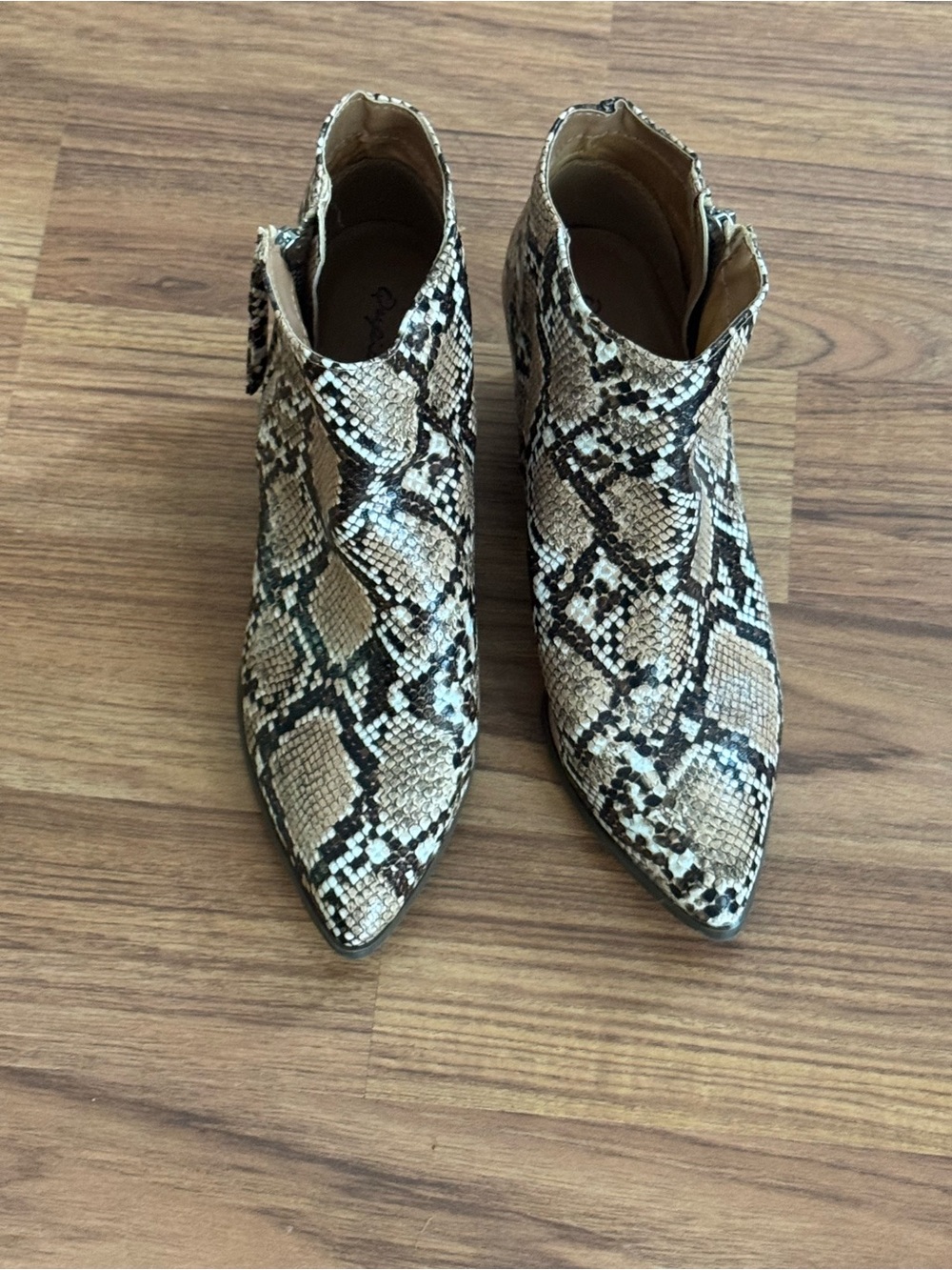 Snake-Print Pointed Toe Ankle Boots - Beige/Black